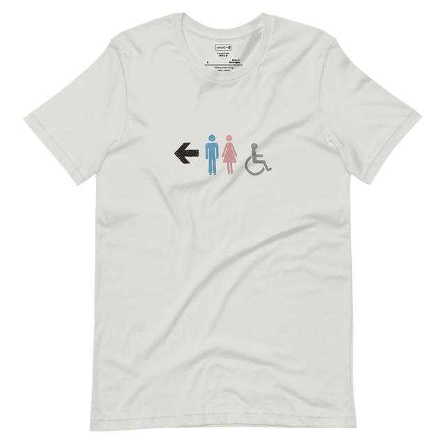 Short Sleeve T-Shirt featuring a minimalist male in light blue, female in light pink, and handicap symbol in grey with a directional arrow.