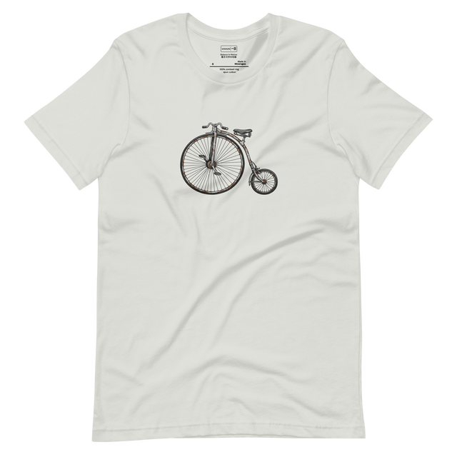 Minimalist line art illustration of a Penny Farthing high-wheel bicycle on a white Short Sleeve T-Shirt.