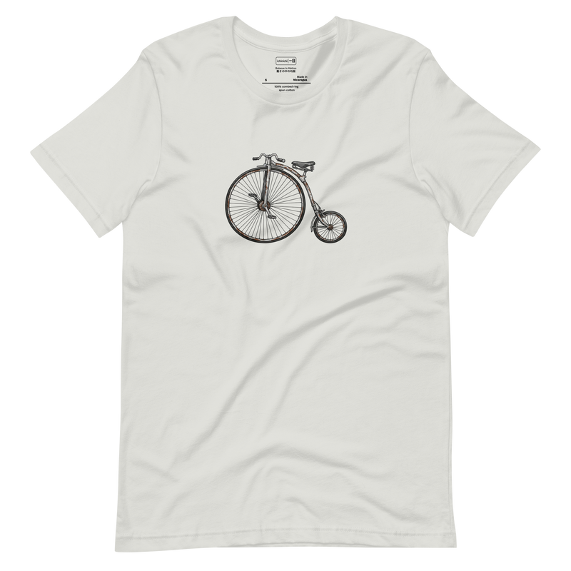 Minimalist line art illustration of a Penny Farthing high-wheel bicycle on a white Short Sleeve T-Shirt.