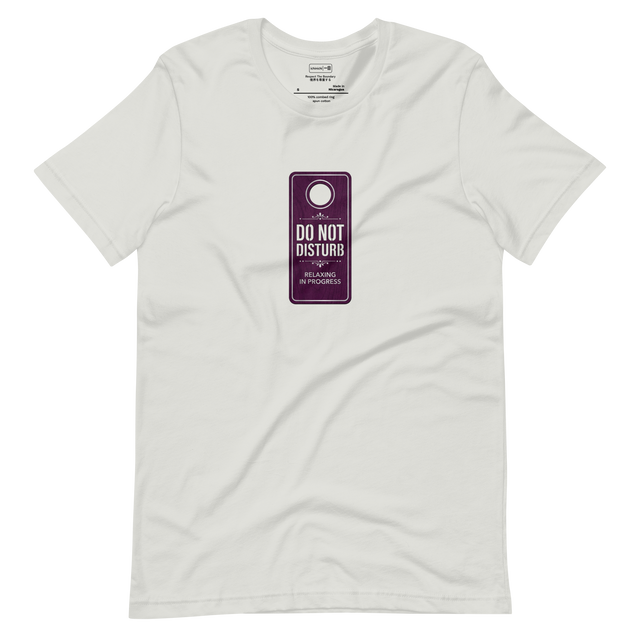 Short Sleeve T-Shirt featuring a deep purple minimalist hotel door hanger with silver stark typography and a clean die-cut hole.