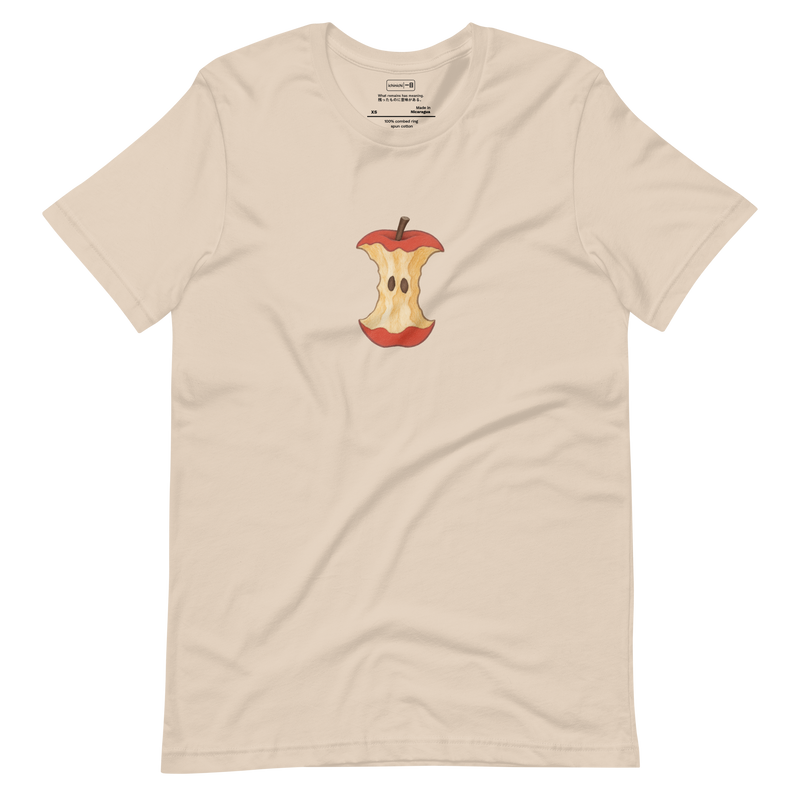 Minimal illustration of a bitten apple core on a T-shirt design.
