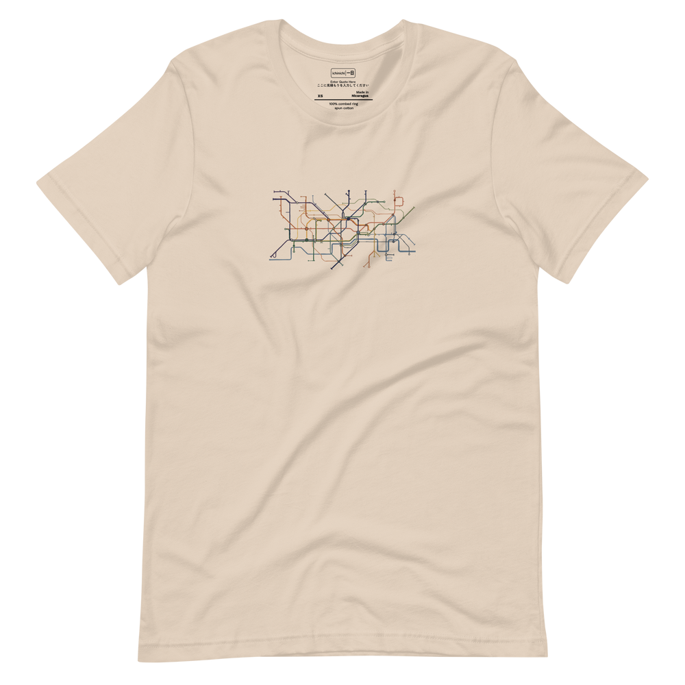 Abstract geometric line art inspired by the London tube map on a minimalist Short Sleeve T-Shirt.