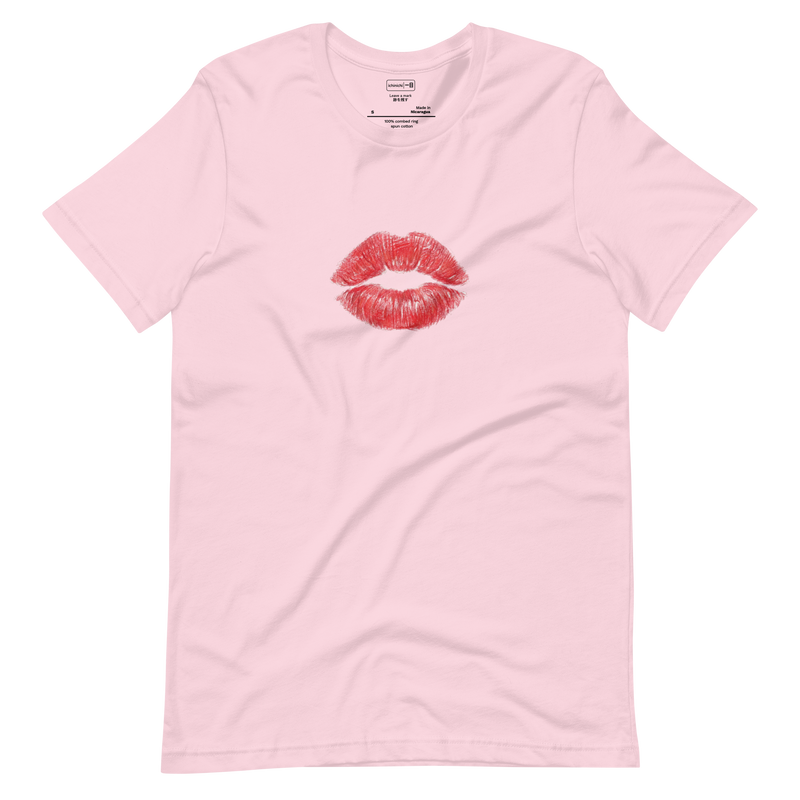 Minimalist artistic illustration of a red lipstick kiss mark on a white background, T-Shirt design.