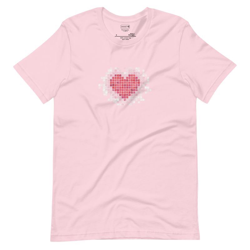 Minimalist T-Shirt with a red and pink mosaic tile heart design, fading at the edges.