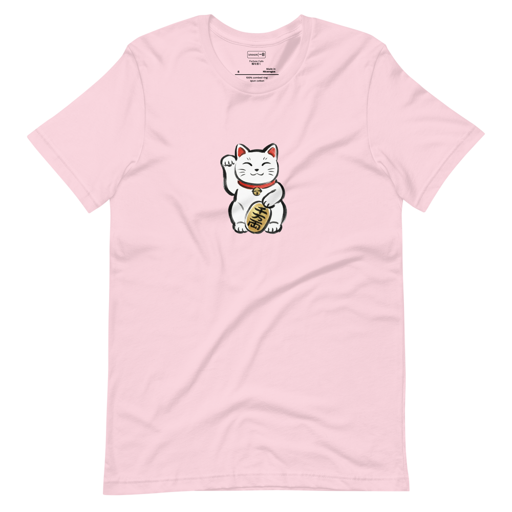 Minimalist line art of a Maneki-neko waving cat on a white Short Sleeve T-Shirt.