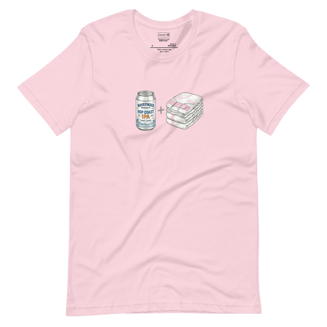 Hand-drawn color pencil illustration of a beer can and a diaper on a white Short Sleeve T-Shirt.