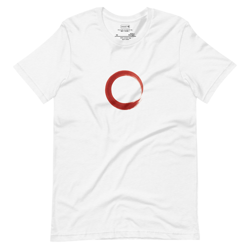 Minimal red brushstroke forming an imperfect rising circle on a T-shirt design.
