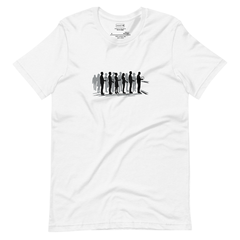 Minimalist illustration of people standing in a queue on a white Short Sleeve T-Shirt.