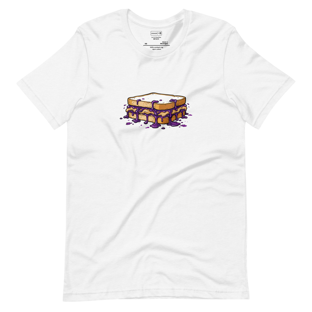 Short Sleeve T-Shirt featuring a full color marker illustration of a peanut butter and jelly sandwich with overflowing grape jelly.