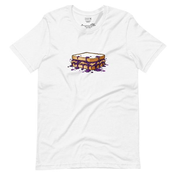 Short Sleeve T-Shirt featuring a full color marker illustration of a peanut butter and jelly sandwich with overflowing grape jelly.