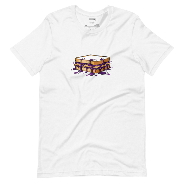 Short Sleeve T-Shirt featuring a full color marker illustration of a peanut butter and jelly sandwich with overflowing grape jelly.