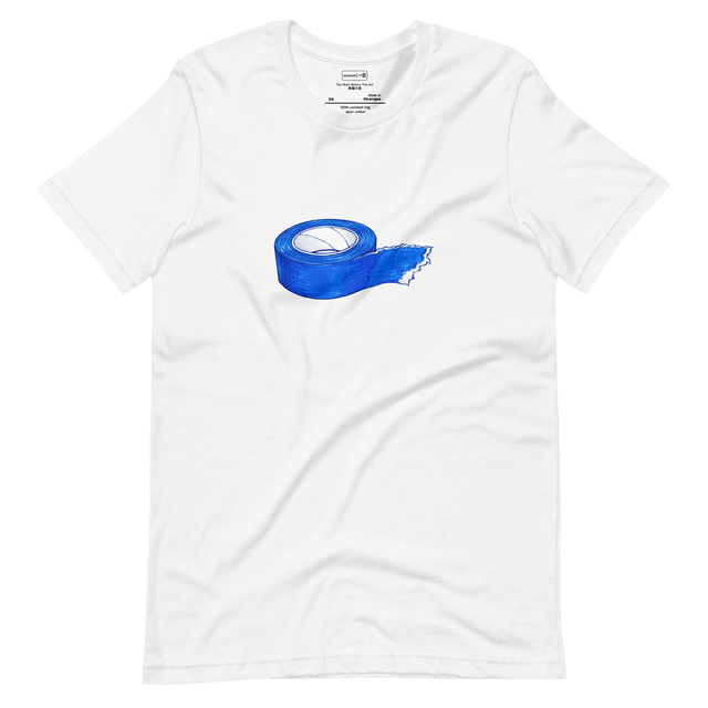 Short Sleeve T-Shirt featuring a marker illustration of blue painters tape with torn edges.