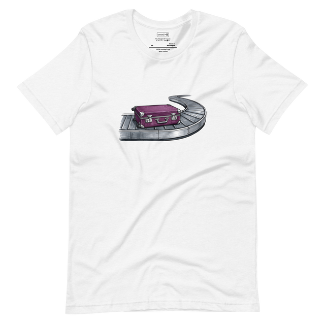 Solitary Arrival graphic of a deep purple suitcase on a carousel, Short Sleeve T-Shirt