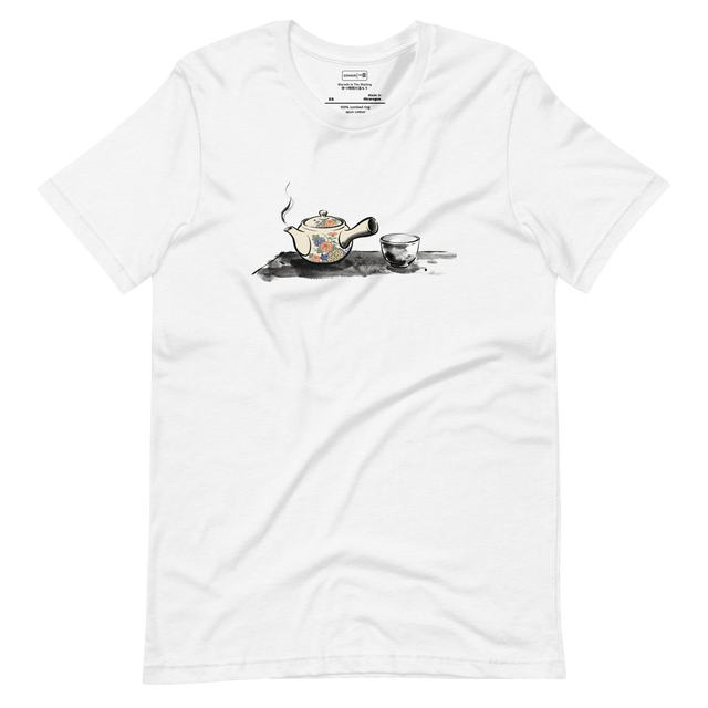 Short Sleeve T-Shirt featuring a light cream kyusu teapot with indigo and vermillion flowers, resting beside an empty cup in ink wash style.