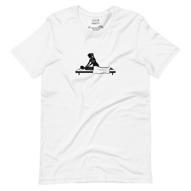 Short Sleeve T-Shirt showing a minimalist black silhouette of a masseuse with a ponytail giving a Swedish massage using clean brush lines.