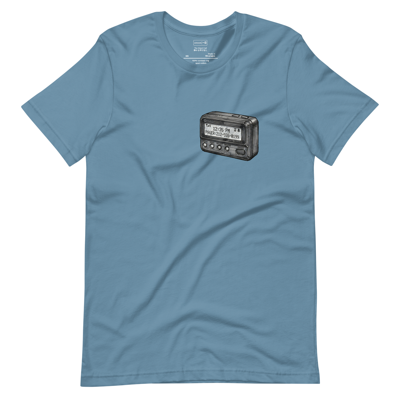 A marker illustration of a classic pager beeper in black and grey, centered on a Short Sleeve T-Shirt.