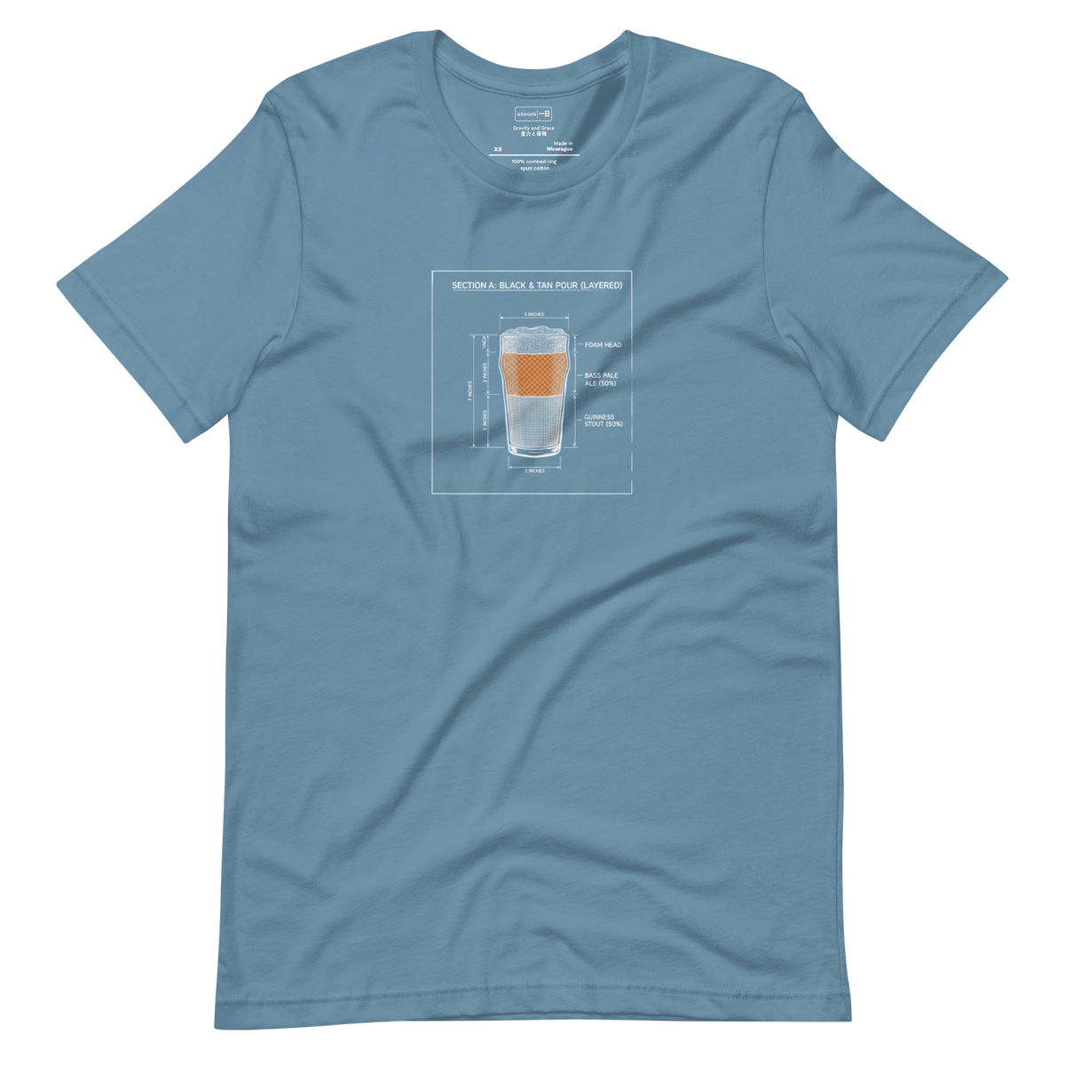Hand-drawn architect blueprint of a Guinness and Base Pale Ale pour on a Short Sleeve T-Shirt.
