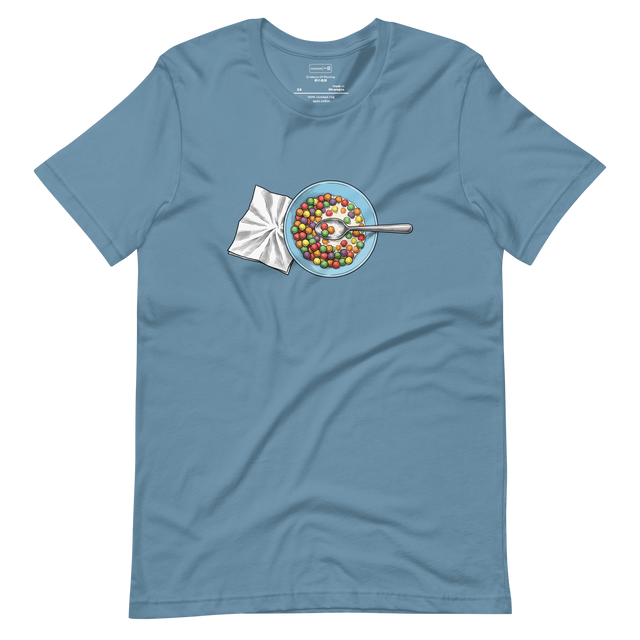 Short Sleeve T-Shirt with an illustration of a half-eaten bowl of colorful cereal and a crumpled napkin from above.
