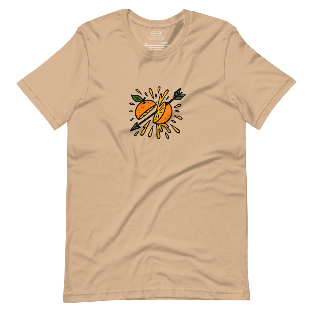 Minimalist illustration of an orange hit by an arrow, splitting open with juice bursting outward in midair.
