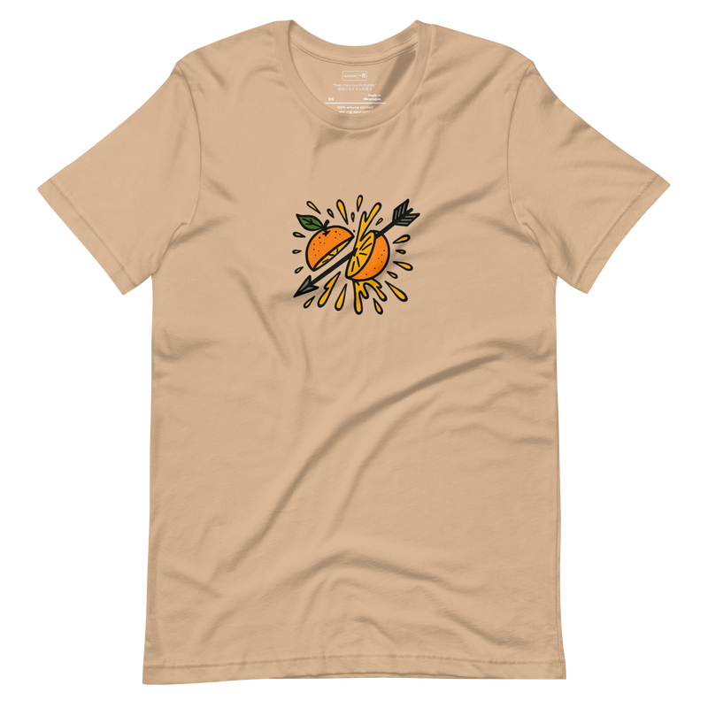 Minimalist illustration of an orange hit by an arrow, splitting open with juice bursting outward in midair.