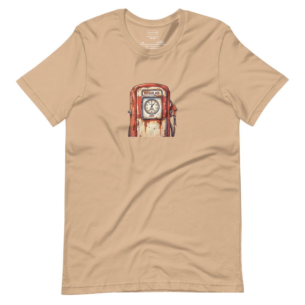 Minimalist cross-hatch colored pencil illustration of a vintage gas pump on a Short Sleeve T-Shirt.