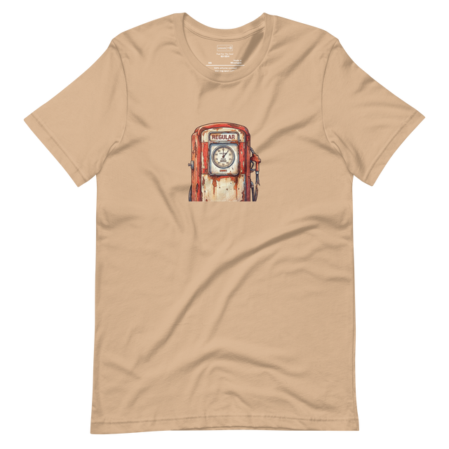 Minimalist cross-hatch colored pencil illustration of a vintage gas pump on a Short Sleeve T-Shirt.