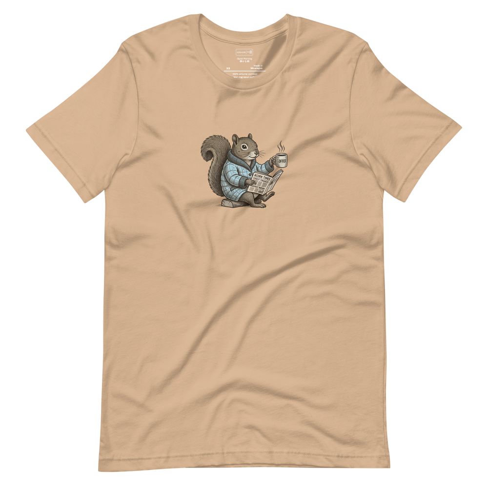 Line art illustration of a squirrel in a puffy robe holding coffee and a newspaper on a Short Sleeve T-Shirt.