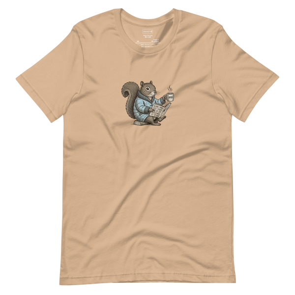 Line art illustration of a squirrel in a puffy robe holding coffee and a newspaper on a Short Sleeve T-Shirt.
