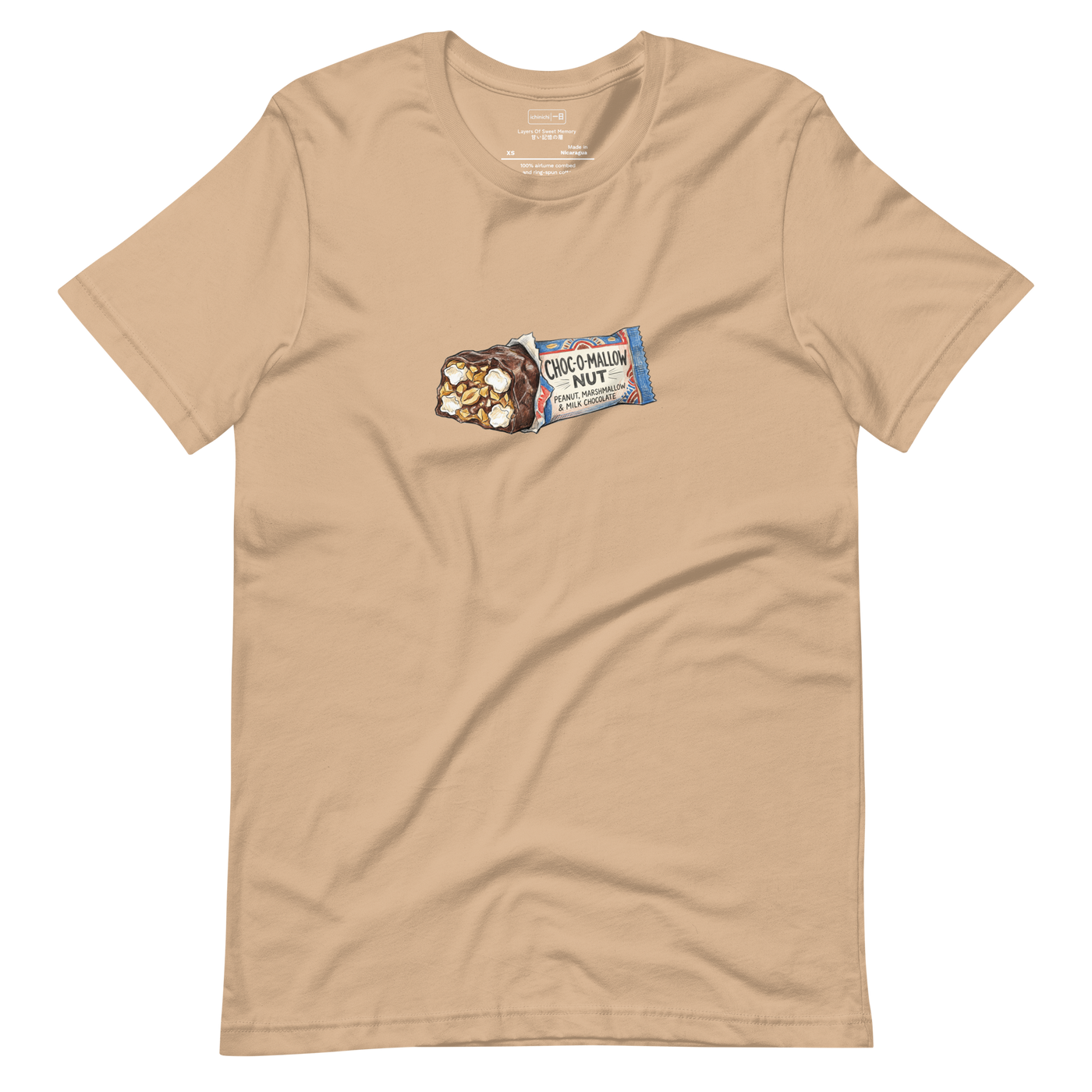 Hand-drawn color pencil illustration of a chocolate peanut marshmallow candy bar on a minimalist Short Sleeve T-Shirt.