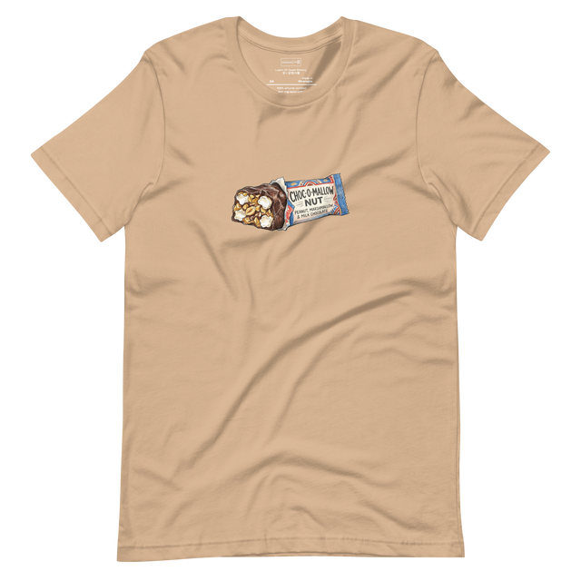 Hand-drawn color pencil illustration of a chocolate peanut marshmallow candy bar on a minimalist Short Sleeve T-Shirt.
