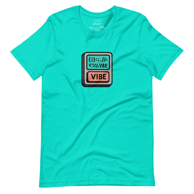 Minimalist T-Shirt design featuring a one-button keyboard labeled “VIBE” with a screen showing scattered code symbols in balanced order.
