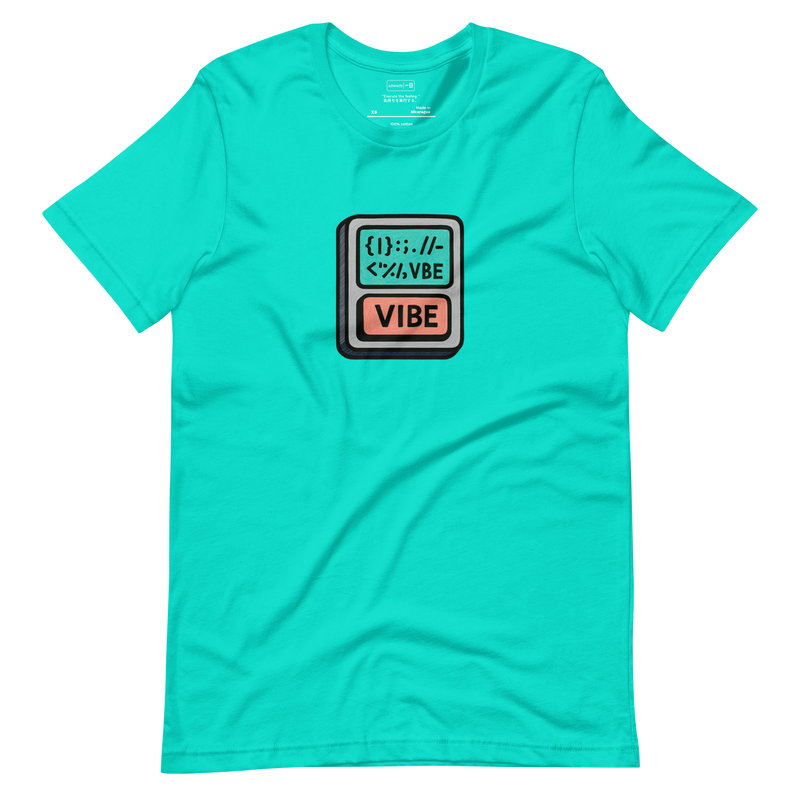 Minimalist T-Shirt design featuring a one-button keyboard labeled “VIBE” with a screen showing scattered code symbols in balanced order.
