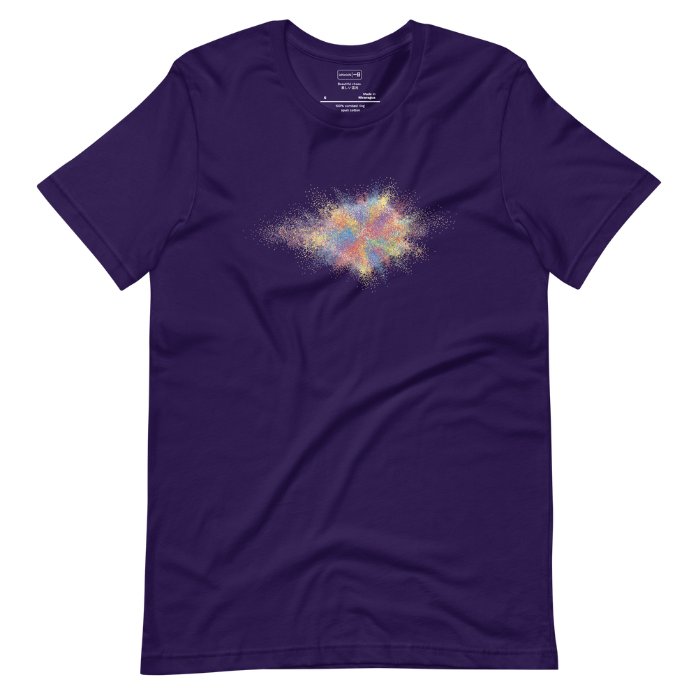 Minimalist graphic t-shirt design showing a multi-colored puff of smoke exploding from an invisible center.