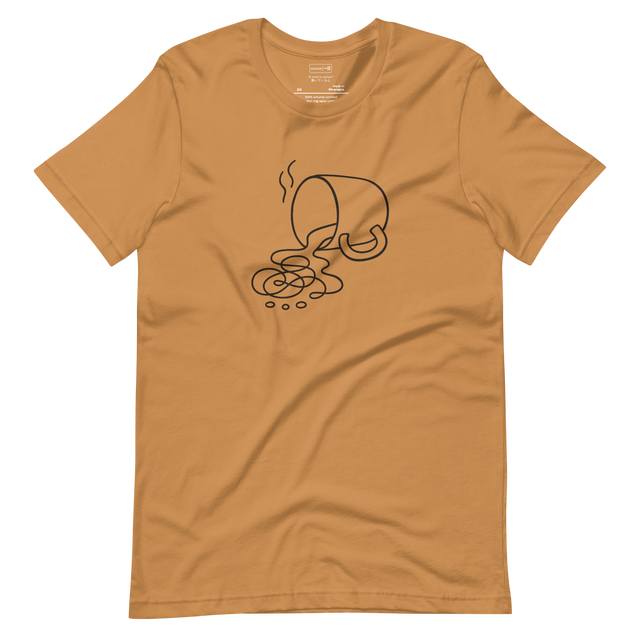 Line art of a spilled coffee cup with abstract splash on a soft cream shirt

