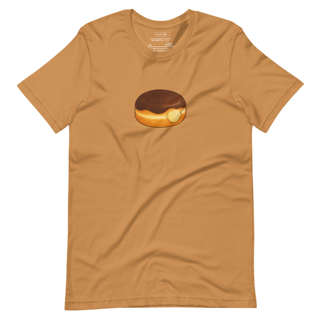 Minimal illustration of a Boston cream donut with chocolate glaze and custard on a T-shirt design.
