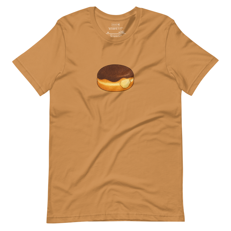Minimal illustration of a Boston cream donut with chocolate glaze and custard on a T-shirt design.
