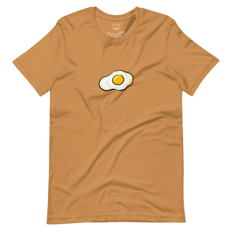 Graphic pop art illustration of fried eggs with bold outlines and flat colors on a white background for a t-shirt.