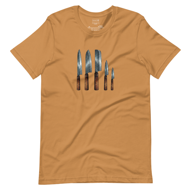 Minimalist cross-hatch illustration of five Japanese kitchen knives hanging vertically, wooden handles, Unisex T-Shirt.
