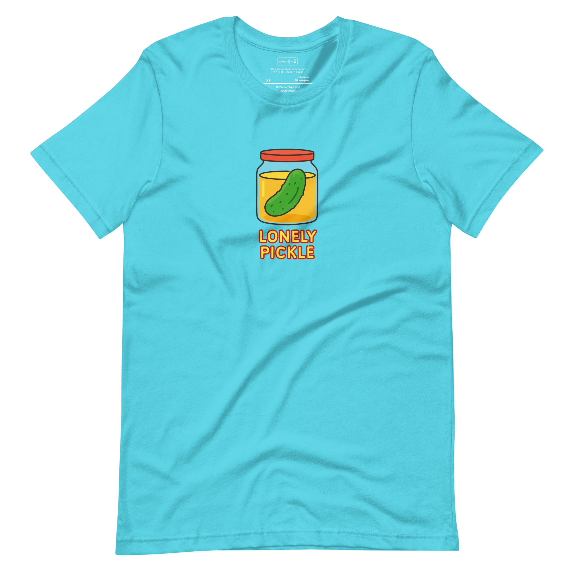 Minimalist illustration of a single pickle in a jar, centered on a soft blue t-shirt

