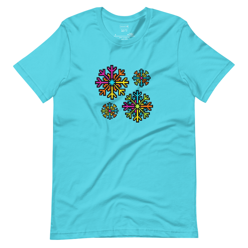 Graphic T-Shirt featuring a colorful 8-bit pixel art snowflake design inspired by retro arcade games.
