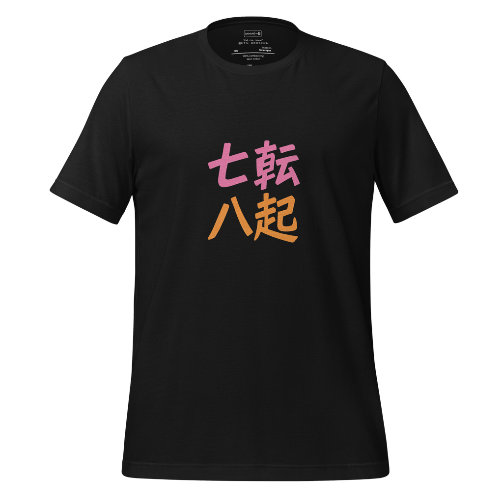 Kanji for 七転び八起き (“fall seven, rise eight”) drawn in minimal, resilient strokes.
