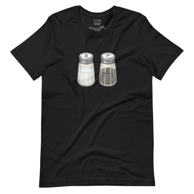 Stippled illustration of colorful diner salt and pepper shakers printed on the front of a minimalist Short Sleeve T-Shirt