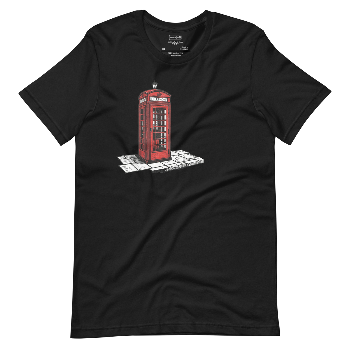 Old British telephone booth linocut graphic on a minimal sidewalk Short Sleeve T-Shirt