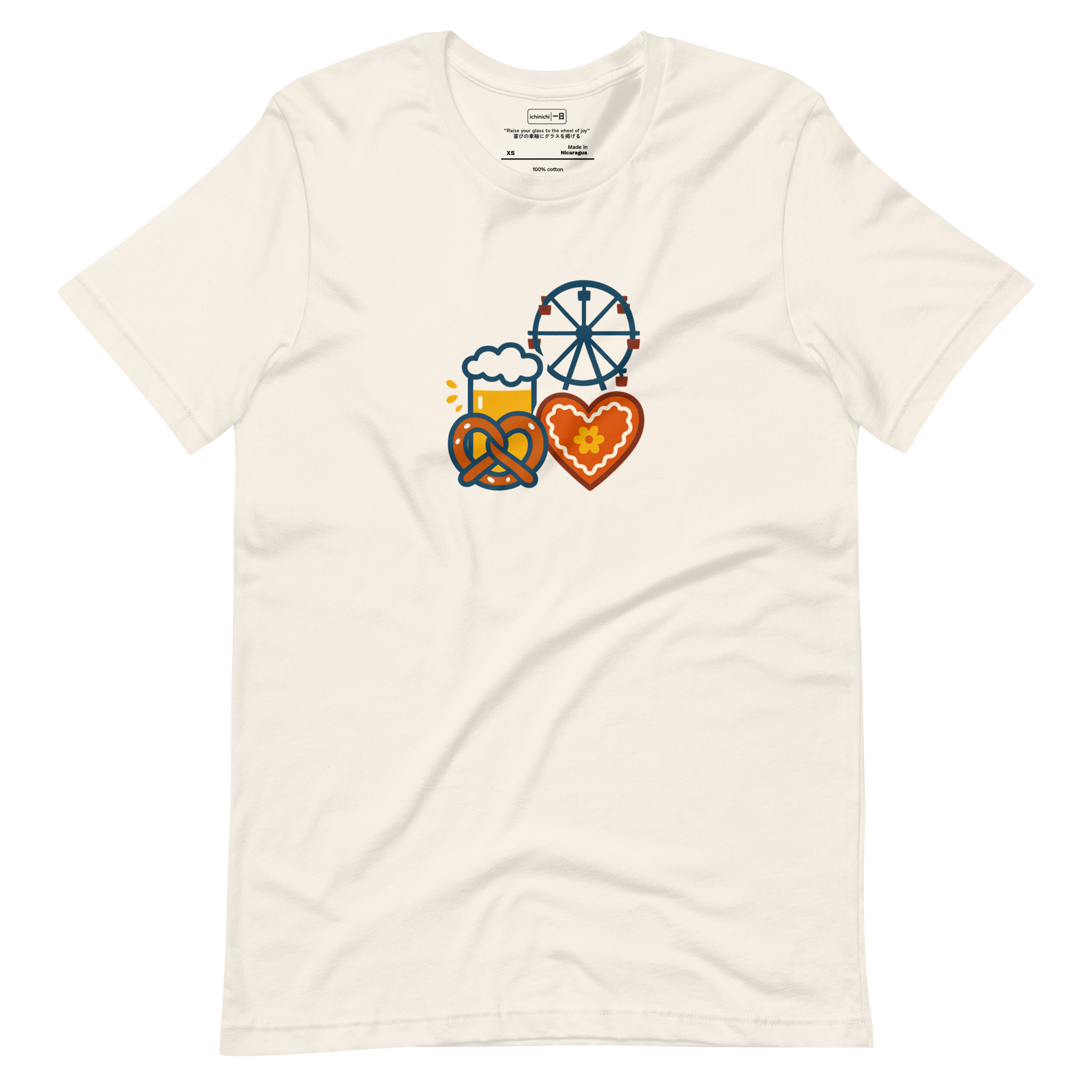 Minimal graphic of pretzels, beer steins, and Ferris wheel in Oktoberfest theme.
