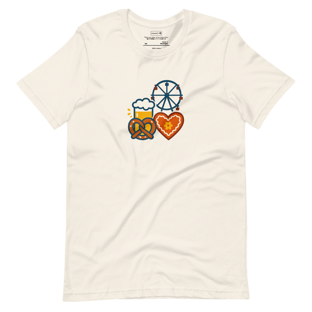 Minimal graphic of pretzels, beer steins, and Ferris wheel in Oktoberfest theme.
