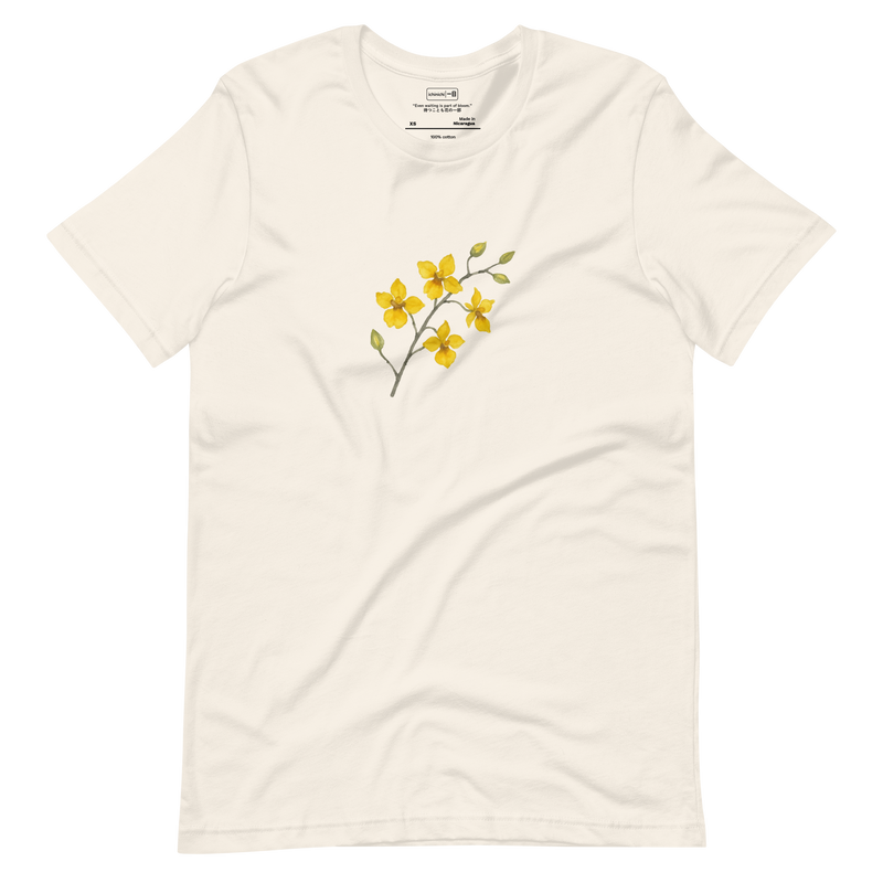Minimalist drawing of a yellow oncidium orchid branch with some blossoms open and some still buds, calm floral T-Shirt design.