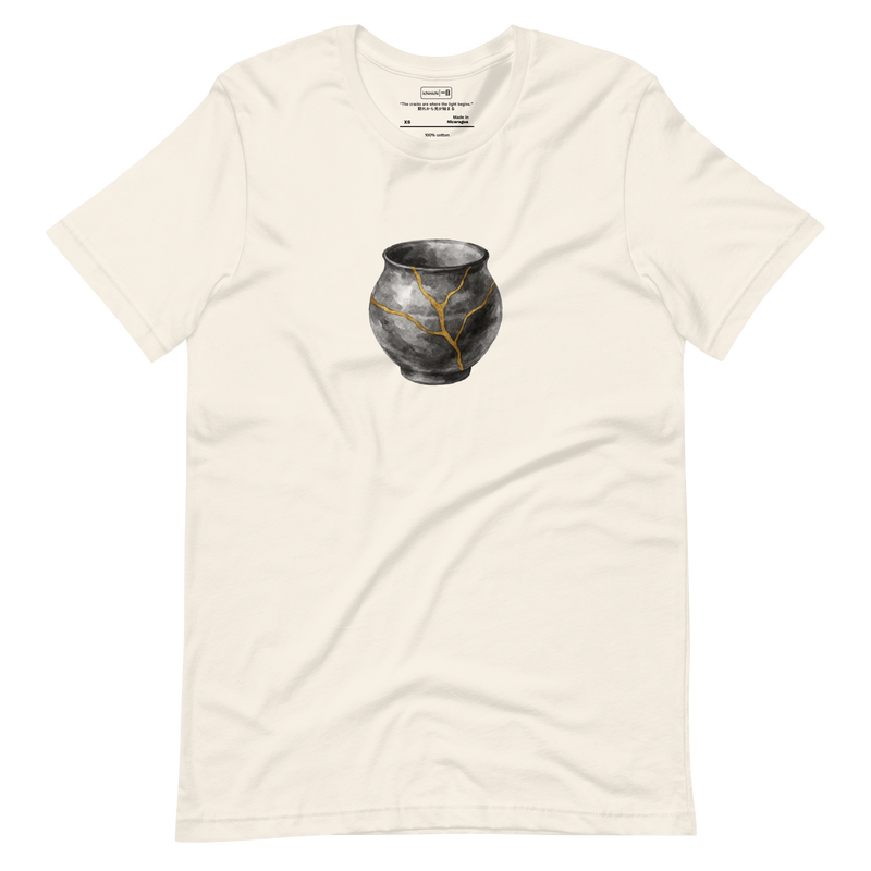 Minimalist illustration of pottery cracks repaired with gold lines inspired by Kintsugi, elegant Japanese T-Shirt design.