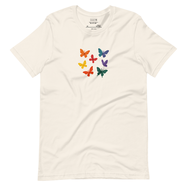 Minimalist T-Shirt design featuring multiple butterflies drifting in different directions, forming an abstract garden of motion.
