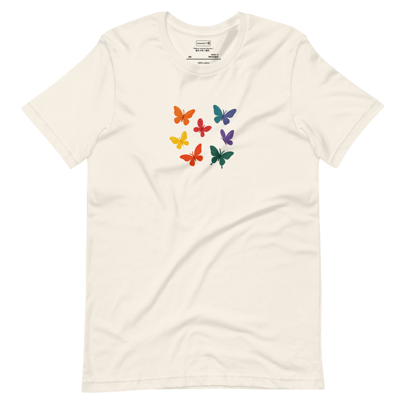 Minimalist T-Shirt design featuring multiple butterflies drifting in different directions, forming an abstract garden of motion.
