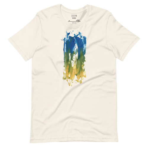 Thick horizontal paint streak design blending blue, green, and yellow on a unisex T-Shirt.